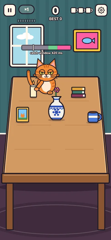 Biscuit stands by a glass with his paw raised, deciding whether to push it