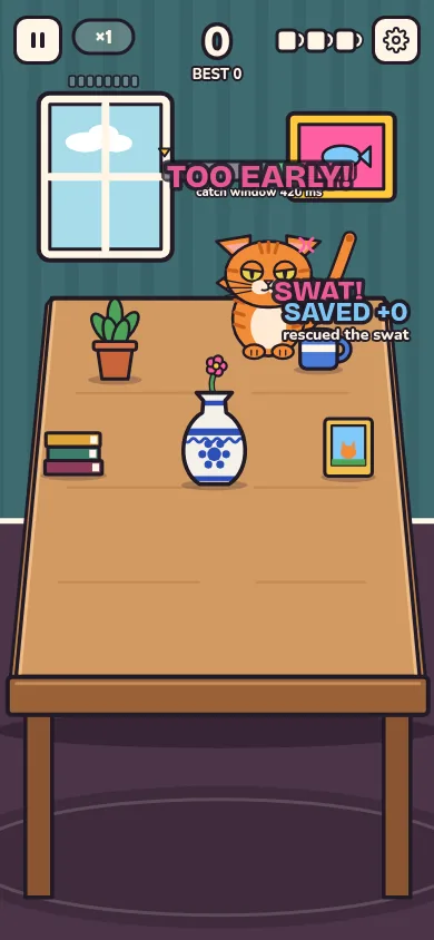 Biscuit swats a mug off the table and the player saves it just in time